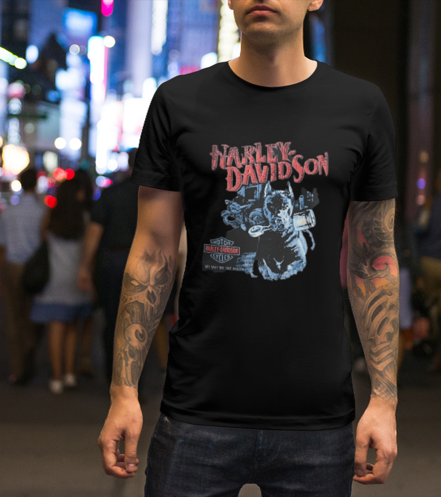 Harley Davidson My Way Or The Highway Dog Holding Piston Cycles T-Shirt