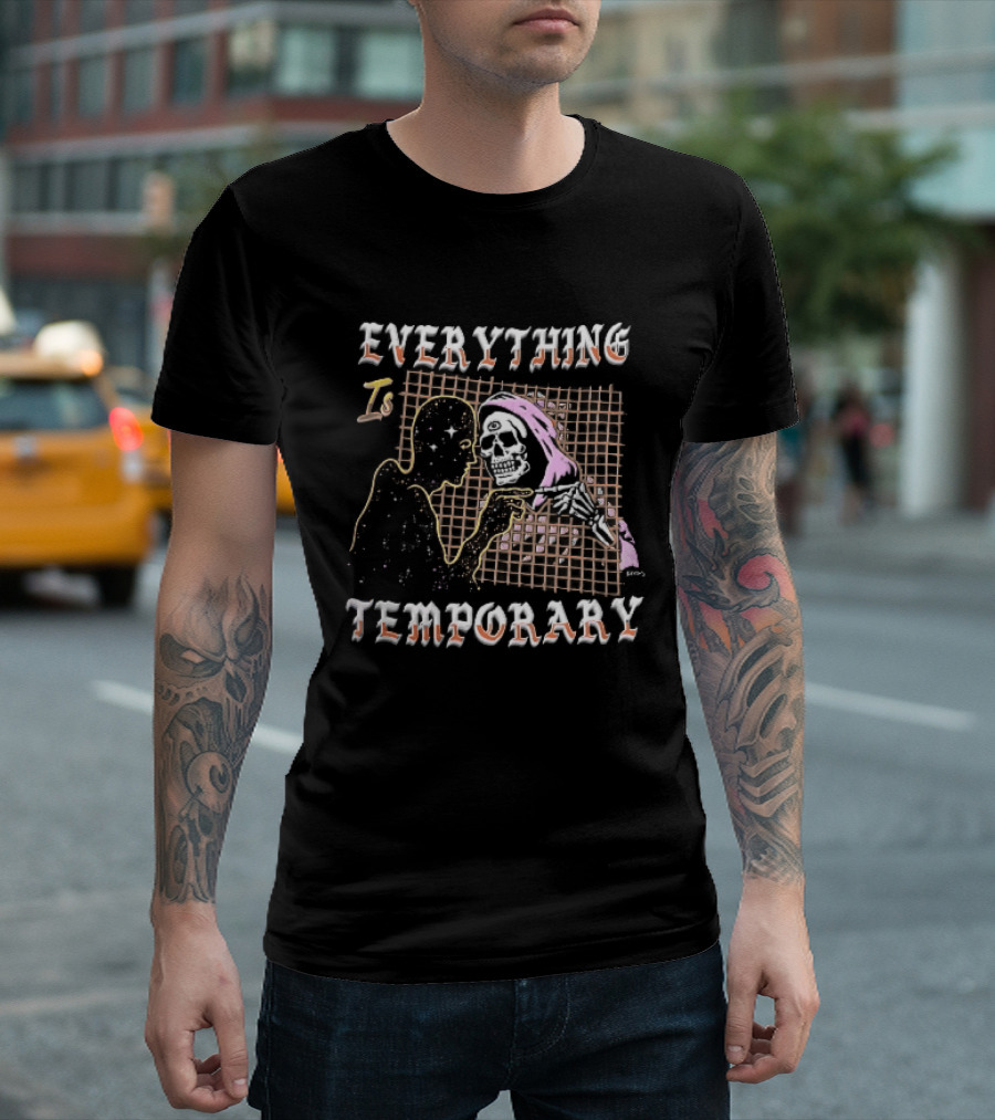 Everything Is Temporary Cosmic Skeleton Touching Fingers Grid T-Shirt