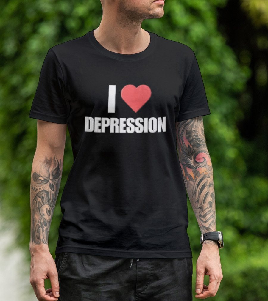 I Heart Depression White Text Red Heart Shape T-Shirt