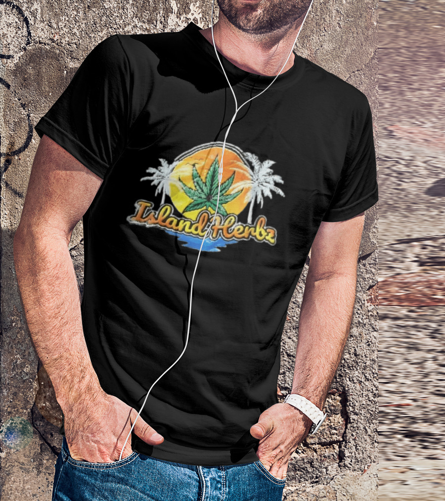 Island Herbz Cannabis Leaf Orange Sunset White Palm Trees T-Shirt