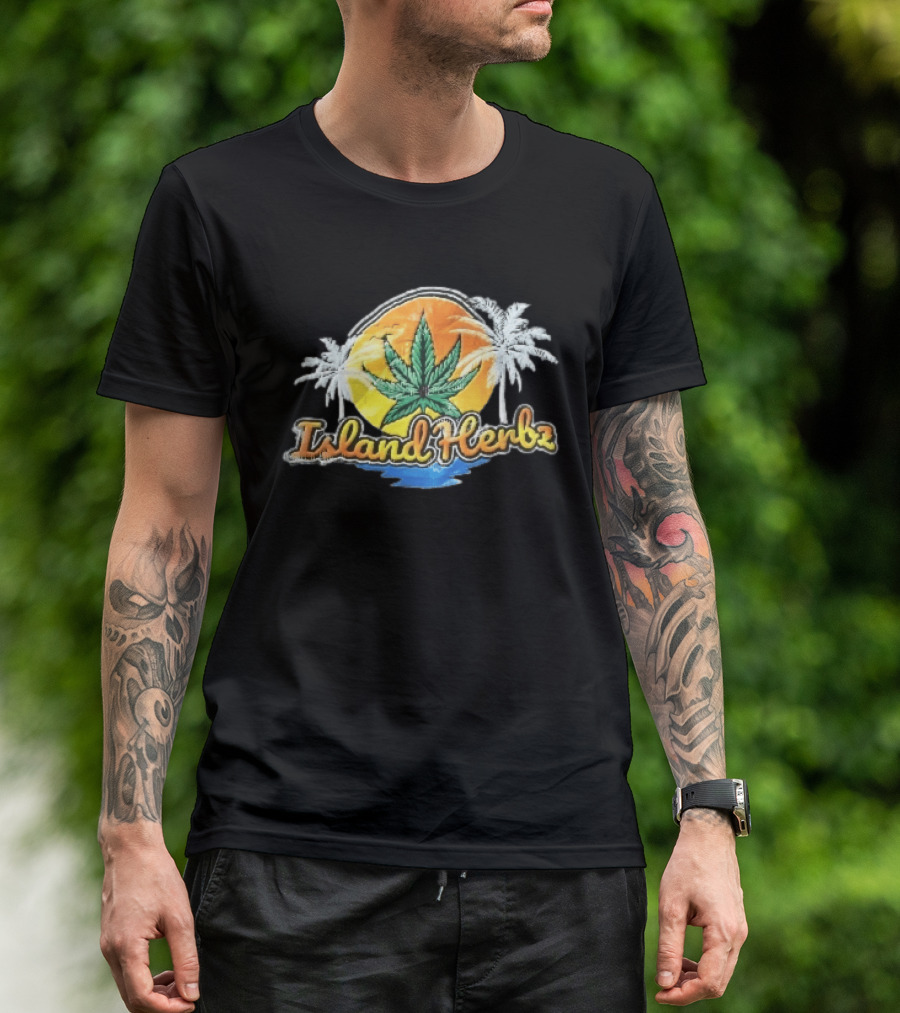 Island Herbz Cannabis Leaf Orange Sunset White Palm Trees T-Shirt
