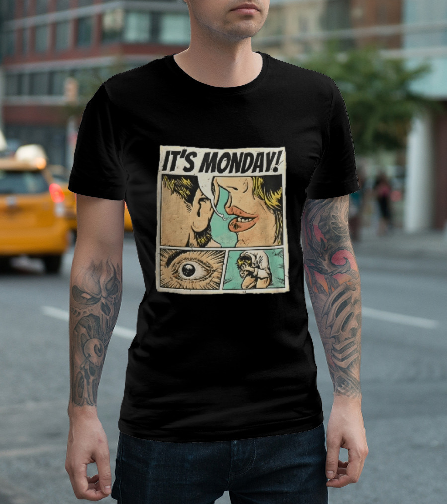 Its Monday Comic Strip Pop Art Woman Whispering Man Crying Vintage Halftone T-Shirt