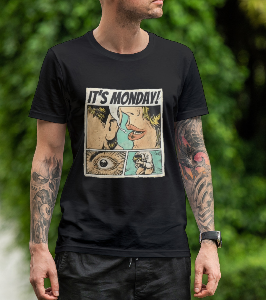 Its Monday Comic Strip Pop Art Woman Whispering Man Crying Vintage Halftone T-Shirt