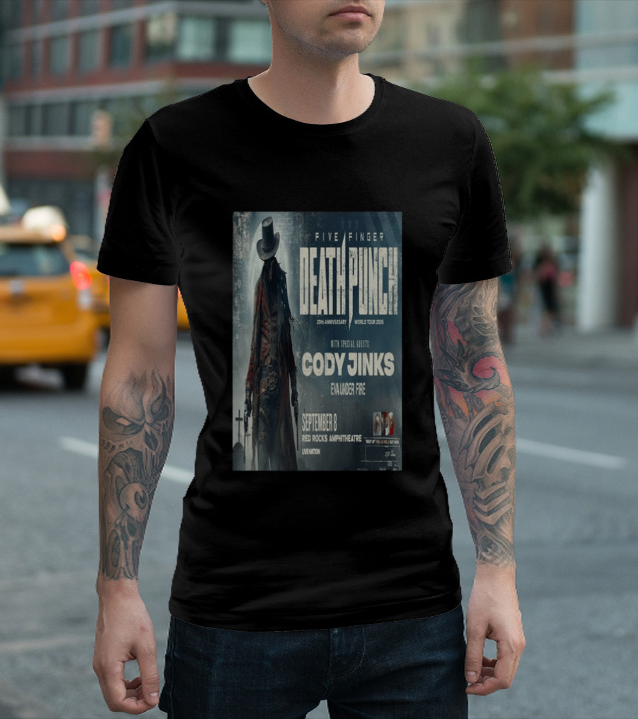 Five Finger Death Punch 20th Anniversary World Tour 2026 Red Rocks Amphitheatre September 8 Cody Jinks Eva Under Fire T-Shirt