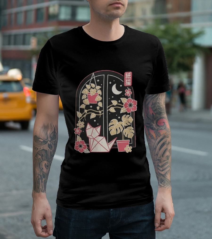 Kami Neko Origami Cat Crescent Moon Japanese Garden Scene T-Shirt
