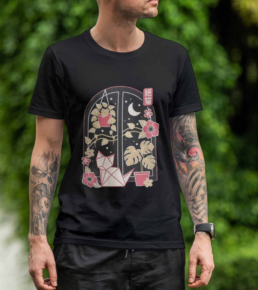 Kami Neko Origami Cat Crescent Moon Japanese Garden Scene T-Shirt