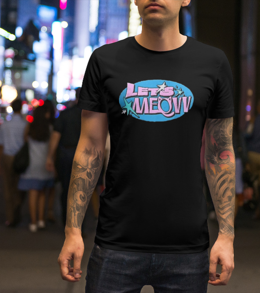 Lets Meovv Cat Ears Pink Distressed Glitter Stars Blue Oval T-Shirt