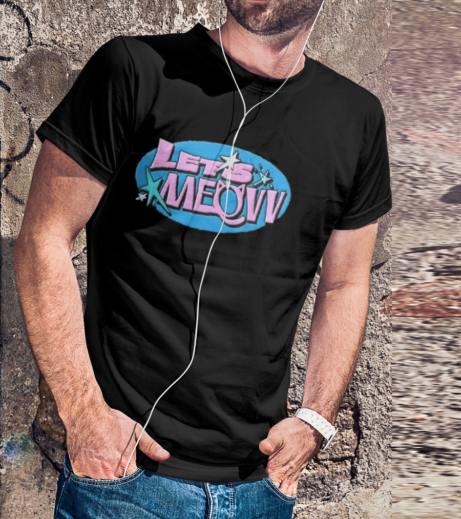 Lets Meovv Cat Ears Pink Distressed Glitter Stars Blue Oval T-Shirt