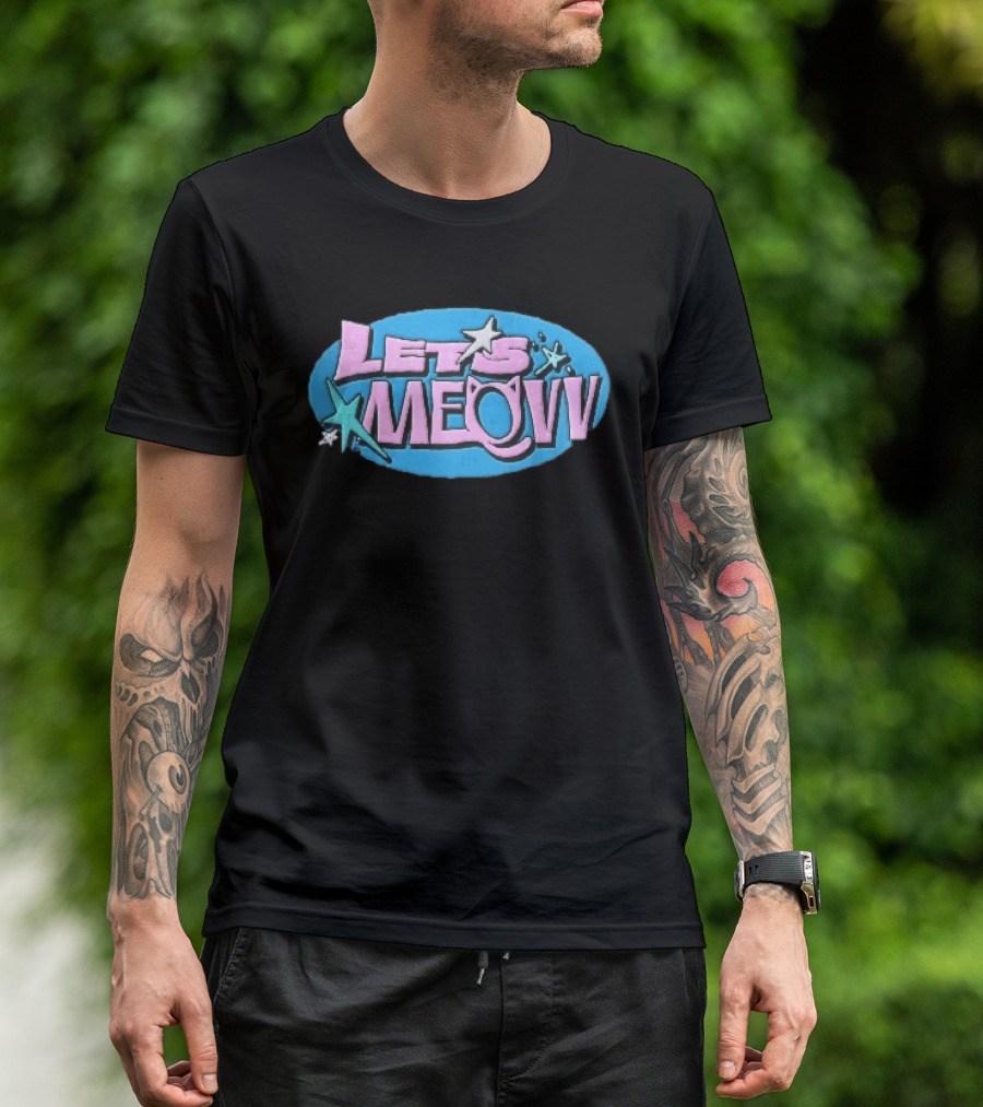 Lets Meovv Cat Ears Pink Distressed Glitter Stars Blue Oval T-Shirt