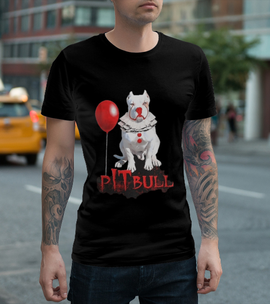 Pitbull Dog Pennywise Clown Red Balloon Distressed White T-Shirt