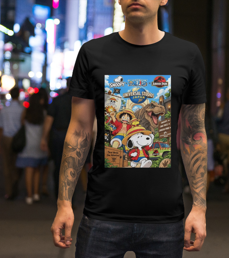 Snoopy One Piece Jurassic Park Universal Studios Japan Three Worlds One Adventure T-Shirt