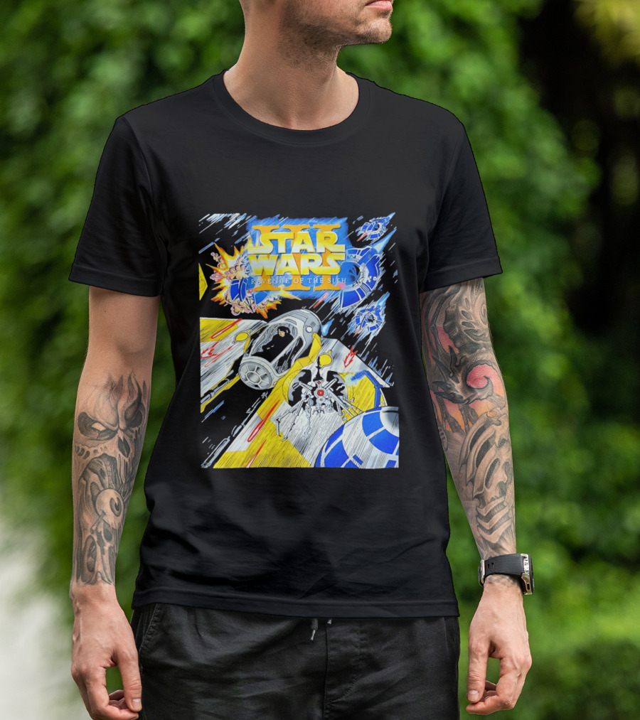 Star Wars Revenge Of The Sith Galactic Battle Artwork Featuring Anakin Skywalker And Iconic Droid Spaceships T-Shirt