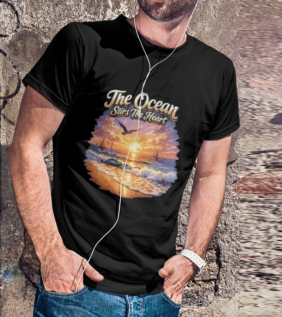 The Ocean Stirs The Heart Seagull Flying Sunset Beach Sailboats Waves T-Shirt