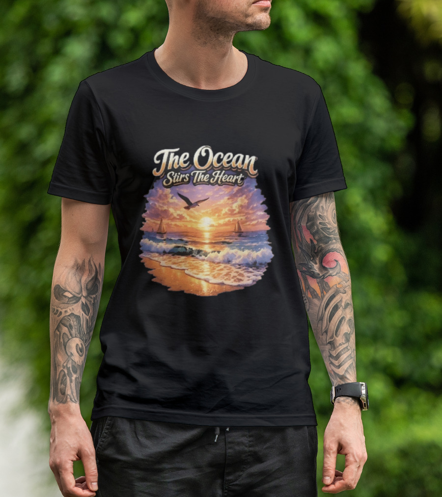 The Ocean Stirs The Heart Seagull Flying Sunset Beach Sailboats Waves T-Shirt