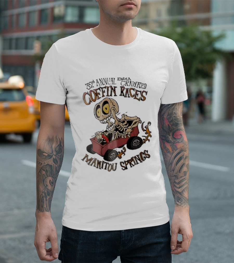32nd Annual Emma Crawford Coffin Races Manitou Springs Cartoon Skeleton Racing Go Kart Flames T-Shirt