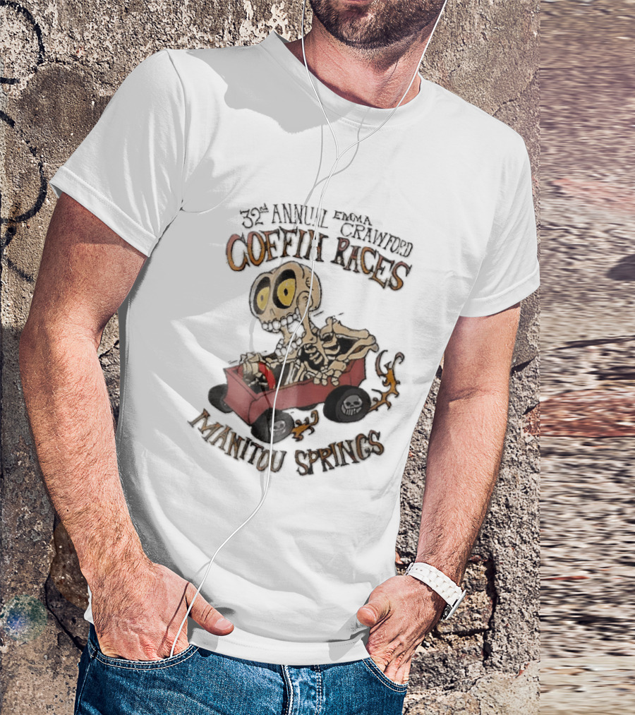 32nd Annual Emma Crawford Coffin Races Manitou Springs Cartoon Skeleton Racing Go Kart Flames T-Shirt