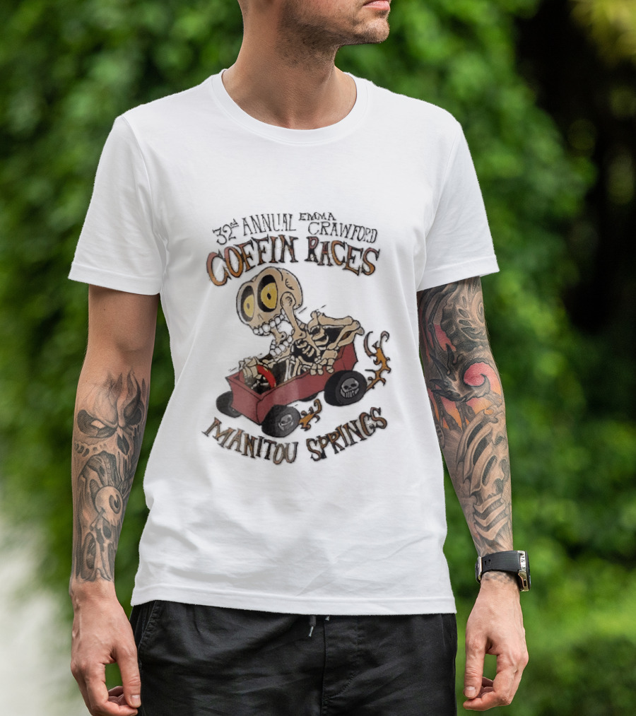 32nd Annual Emma Crawford Coffin Races Manitou Springs Cartoon Skeleton Racing Go Kart Flames T-Shirt