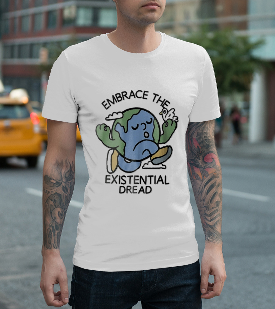 Embrace The Existential Dread Cartoon Running Planet Earth With Bird T-Shirt