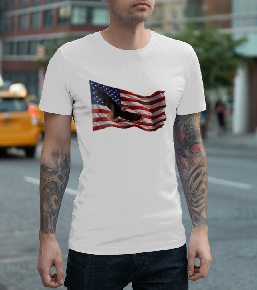 Bald Eagle Soaring Over Distressed American Flag Patriotic T-Shirt