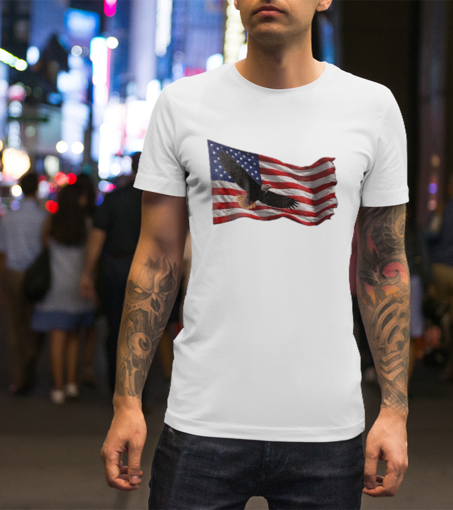 Bald Eagle Soaring Over Distressed American Flag Patriotic T-Shirt