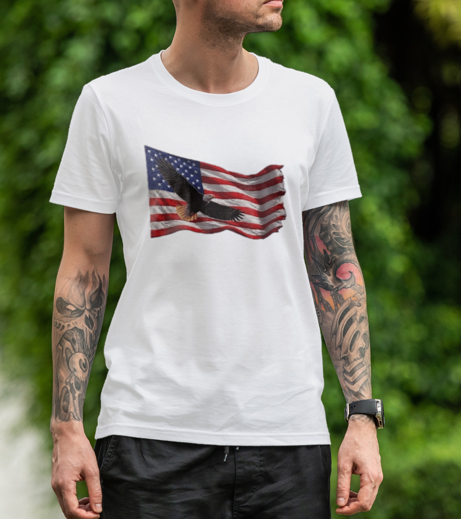 Bald Eagle Soaring Over Distressed American Flag Patriotic T-Shirt