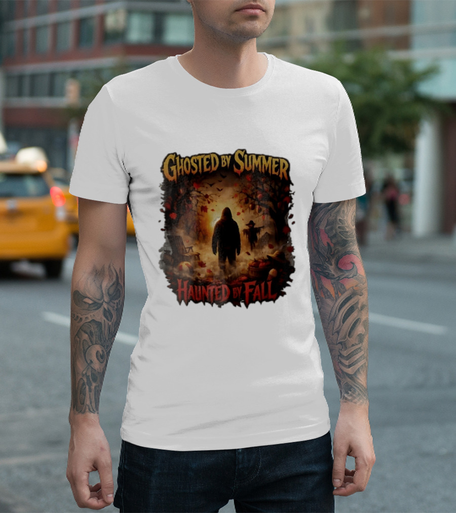 Ghosted By Summer Haunted By Fall Hooded Figure Autumn Orchard Scarecrow Pumpkins T-Shirt