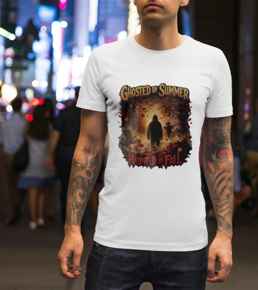 Ghosted By Summer Haunted By Fall Hooded Figure Autumn Orchard Scarecrow Pumpkins T-Shirt