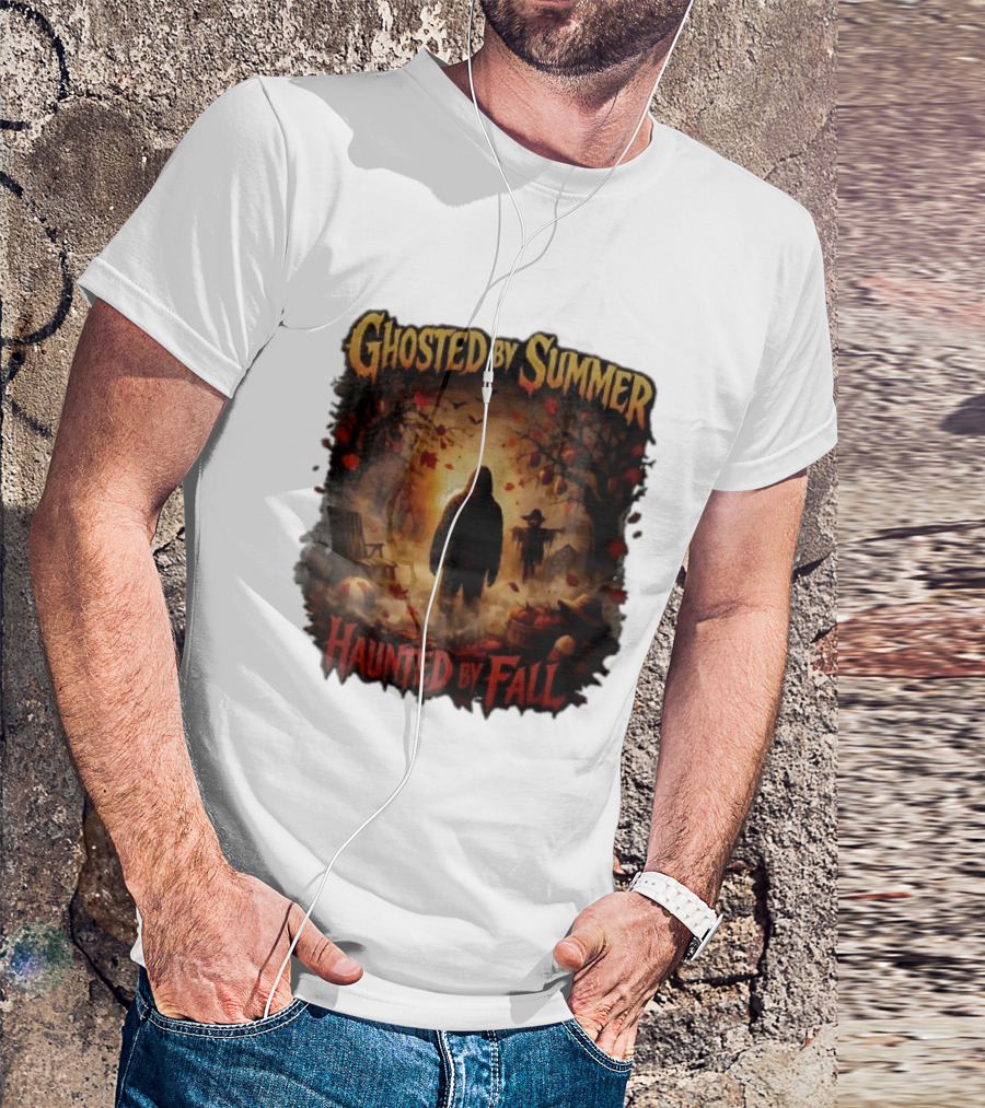 Ghosted By Summer Haunted By Fall Hooded Figure Autumn Orchard Scarecrow Pumpkins T-Shirt