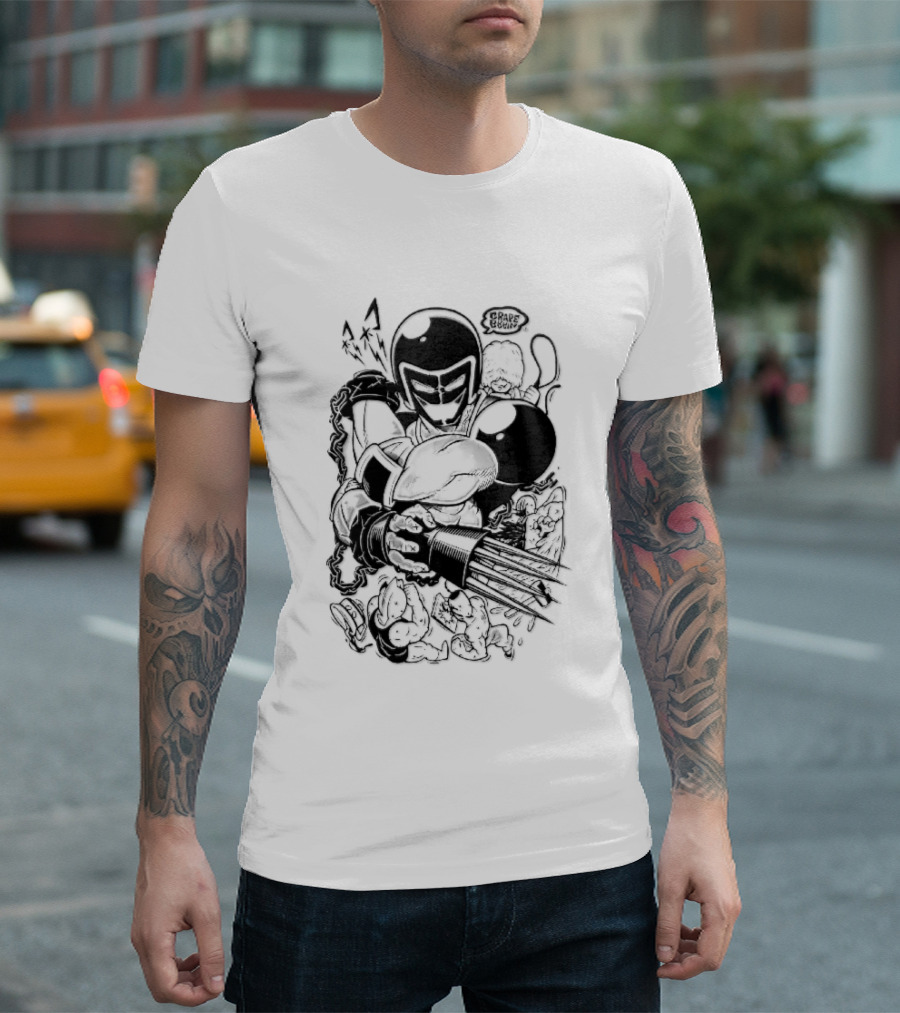 Grape Brain Masked Cyborg Wrestler Spiked Claws Chains Cartoon Line Drawing T-Shirt