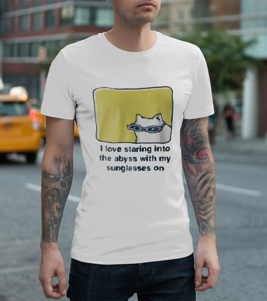 I Love Staring Into The Abyss With My Sunglasses On White Cat Pink Glasses Popcornpunk Cartoon T-Shirt