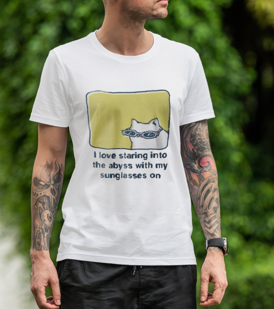 I Love Staring Into The Abyss With My Sunglasses On White Cat Pink Glasses Popcornpunk Cartoon T-Shirt