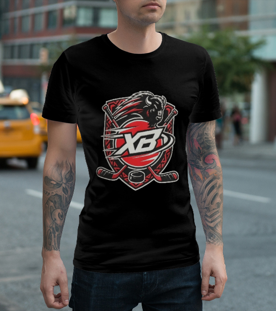 Xb Buffalo Bison Head With Crossed Hockey Sticks And Puck Shield Crest T-Shirt