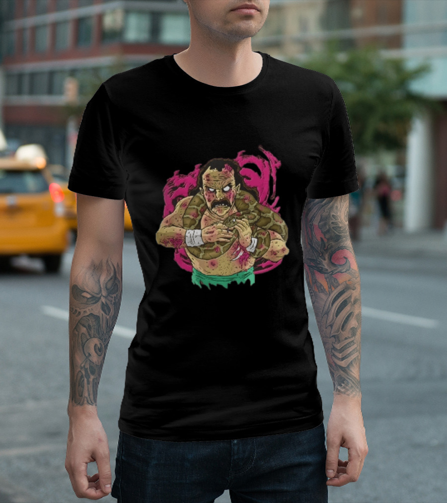 Zombie Wrestler Python Snake Pink Energy Burst Caricature T-Shirt