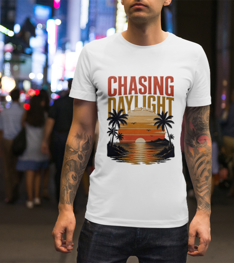 Chasing Daylight Tropical Beach Sunset Scene With Palms And Ocean Waves T-Shirt