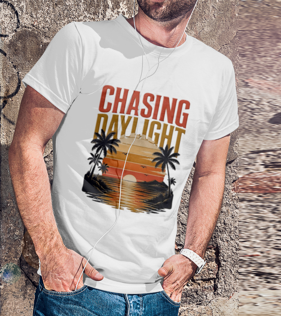 Chasing Daylight Tropical Beach Sunset Scene With Palms And Ocean Waves T-Shirt