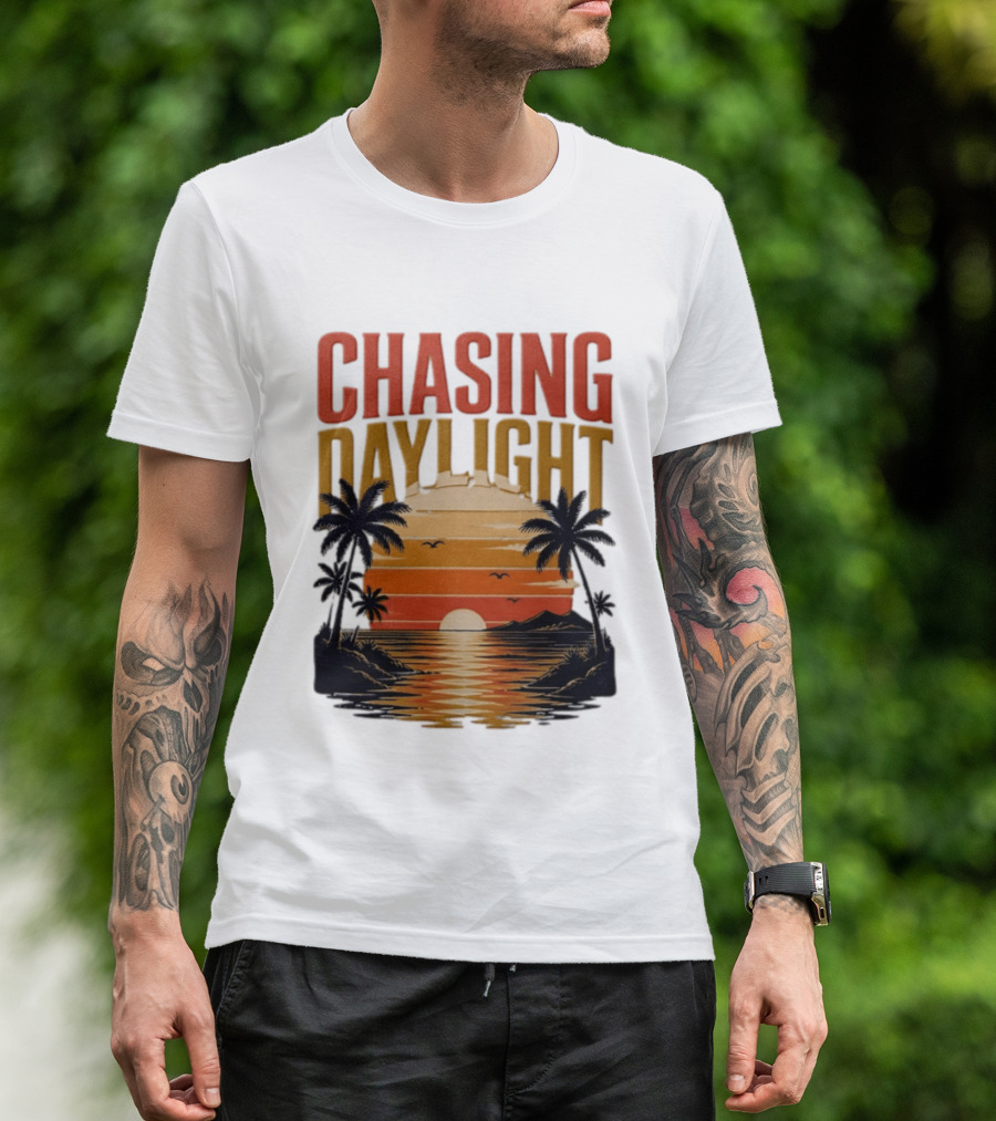 Chasing Daylight Tropical Beach Sunset Scene With Palms And Ocean Waves T-Shirt