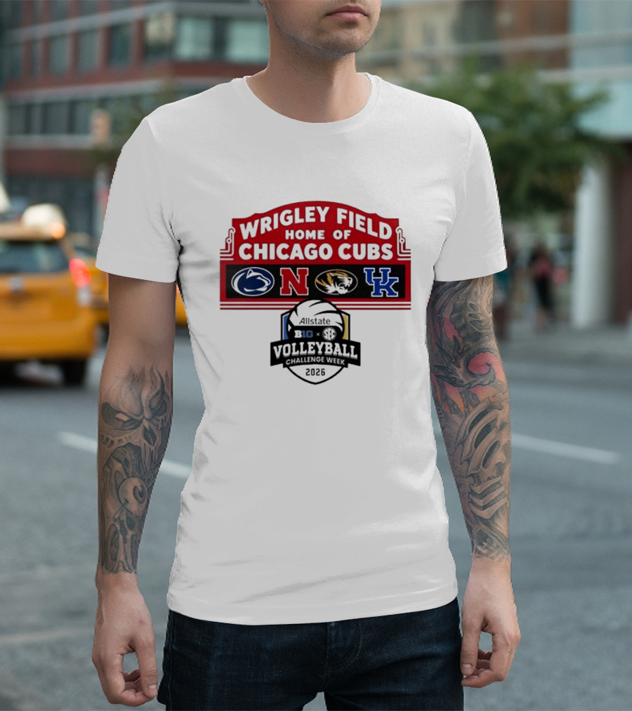Wrigley Field Chicago Cubs Allstate 2026 Volleyball Challenge Week Penn State Nebraska Missouri Kentucky Logos T-Shirt