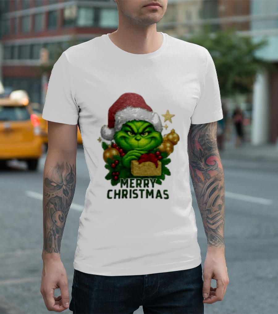 Merry Christmas Grinch Santa Claus Hat Gold Present Pine Branches T-Shirt