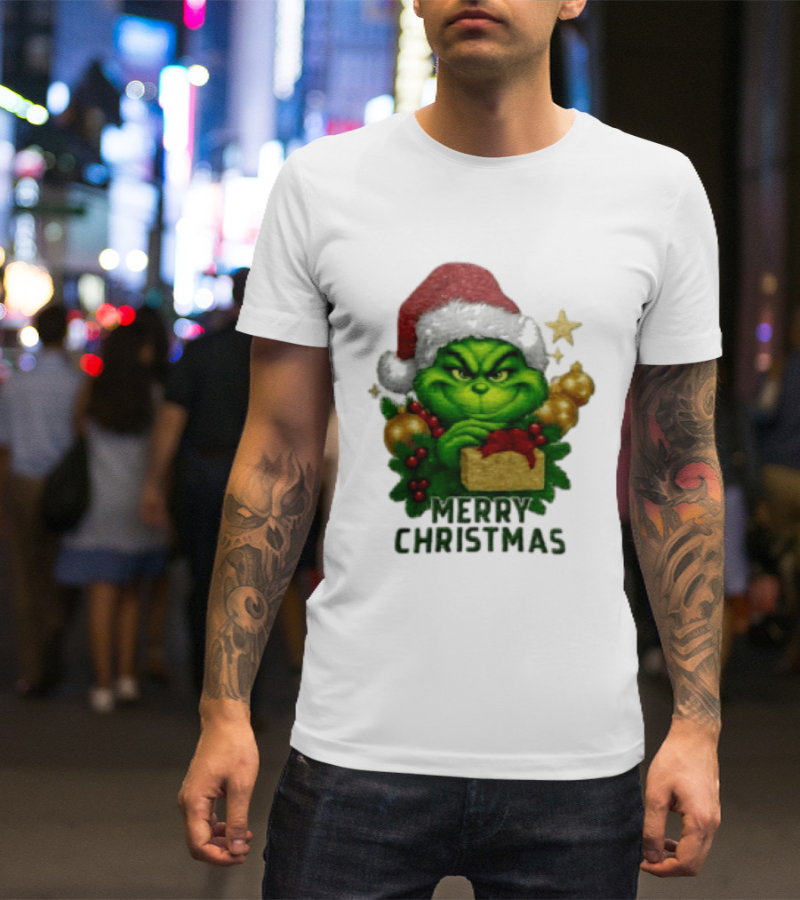 Merry Christmas Grinch Santa Claus Hat Gold Present Pine Branches T-Shirt
