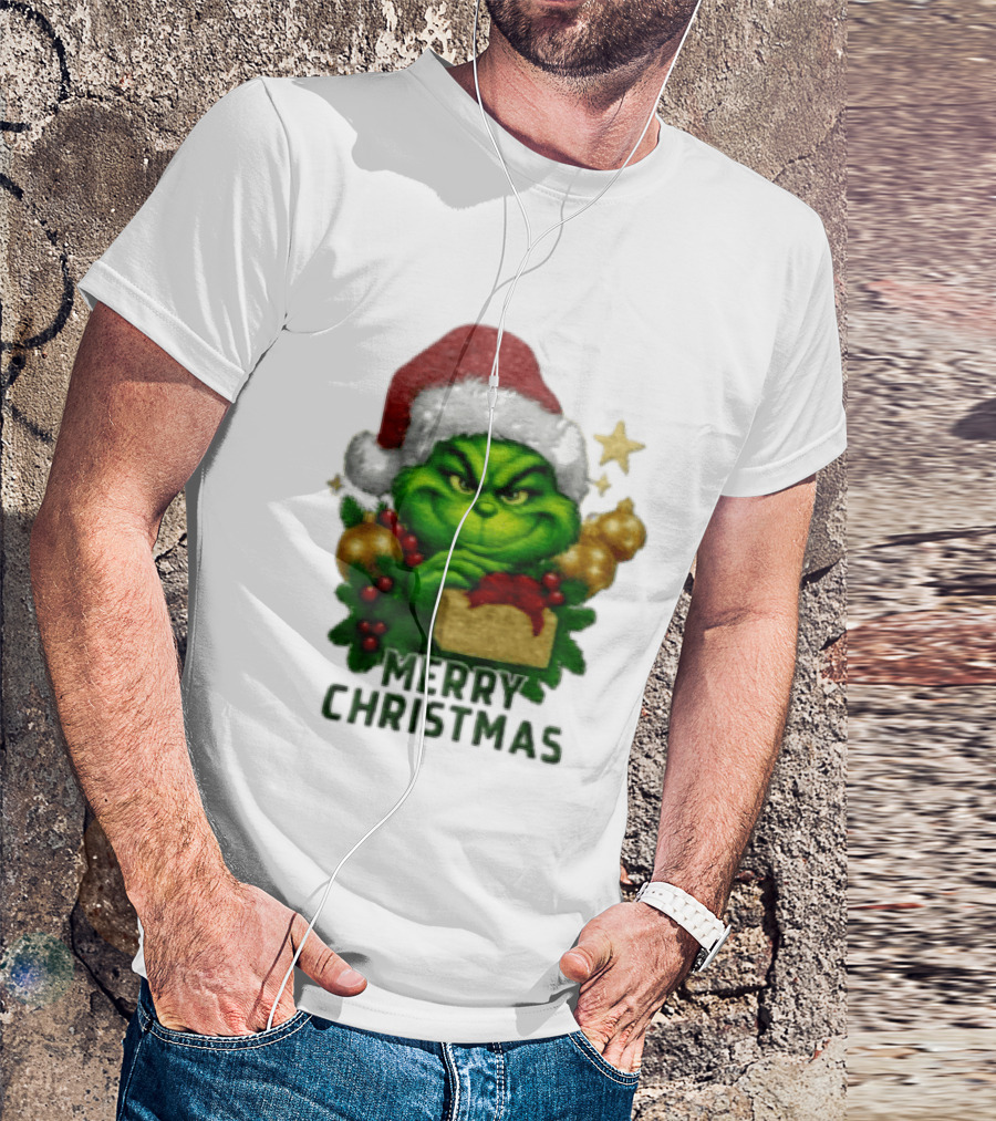 Merry Christmas Grinch Santa Claus Hat Gold Present Pine Branches T-Shirt