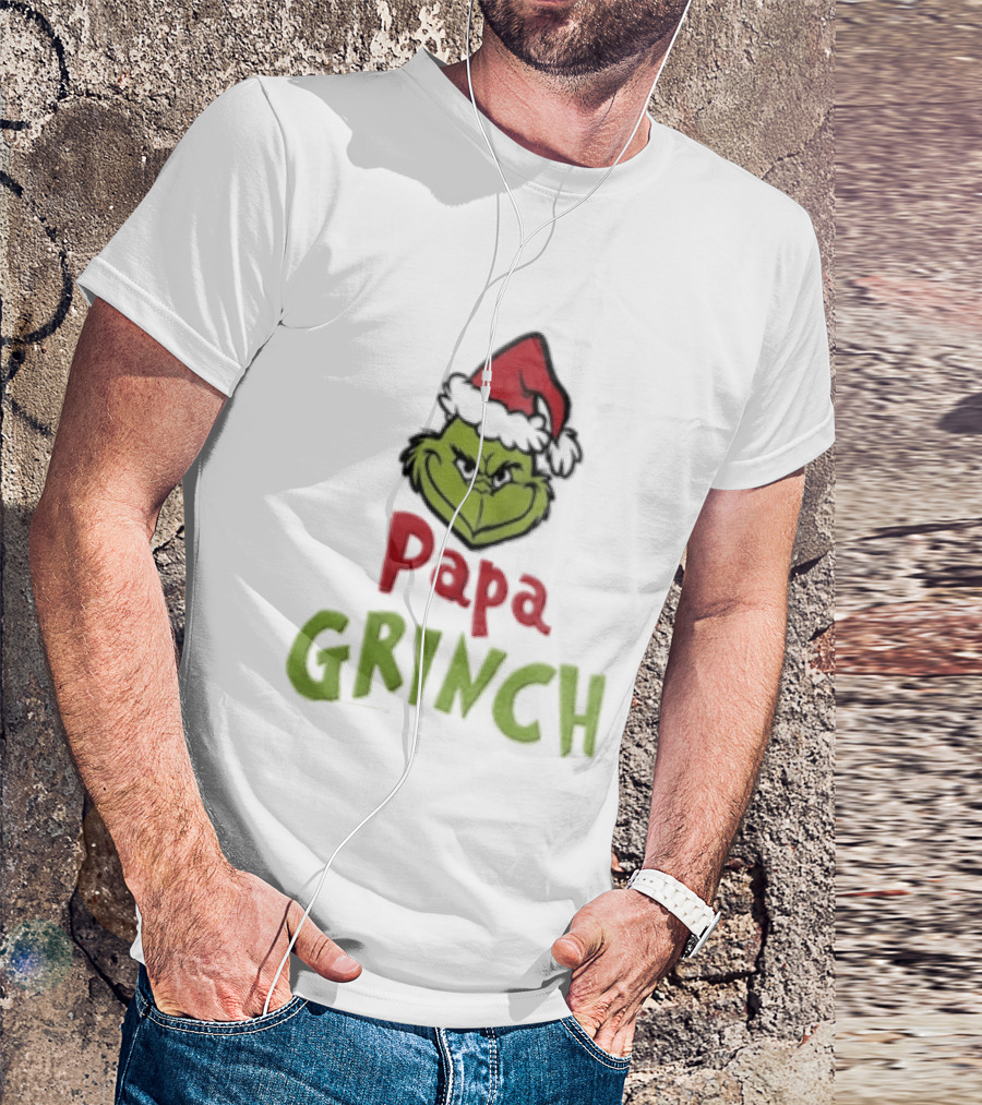 Papa Grinch Santa Claus Hat Green Face Cartoon T-Shirt
