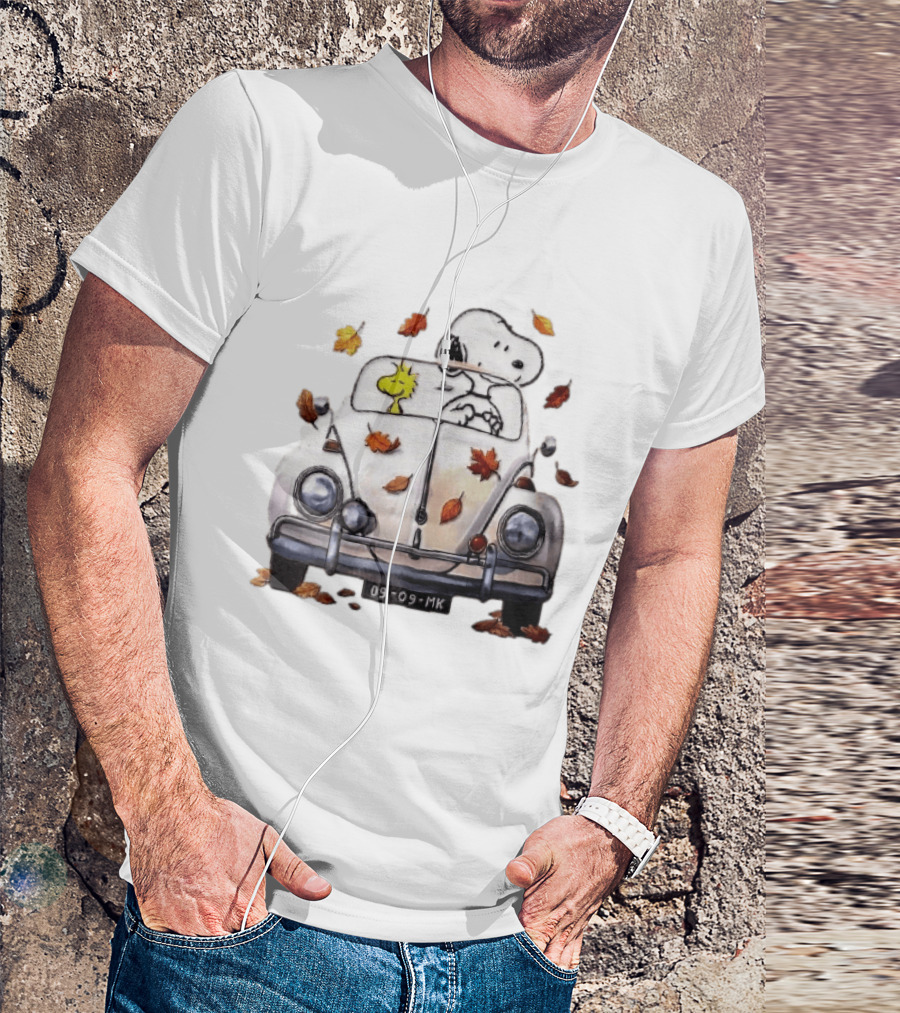 Peanuts Snoopy Woodstock Driving Car Autumn Leaves Watercolor Cartoon 09 Mk T-Shirt