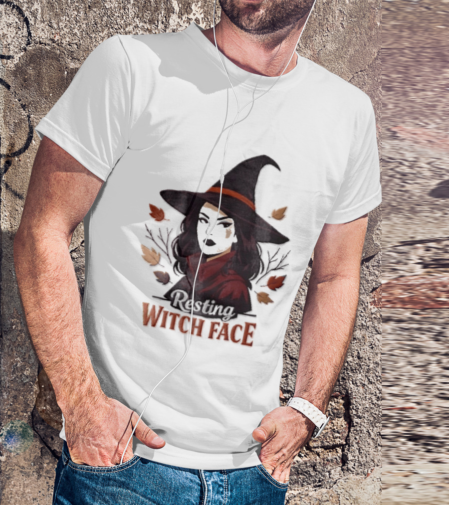 Resting Witch Face Dark Hair Woman Pointy Hat Autumn Leaves Halloween T-Shirt
