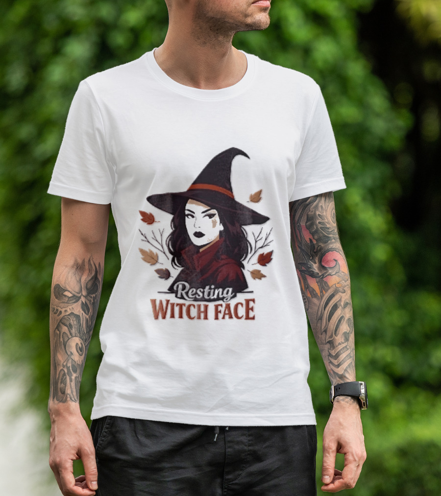 Resting Witch Face Dark Hair Woman Pointy Hat Autumn Leaves Halloween T-Shirt