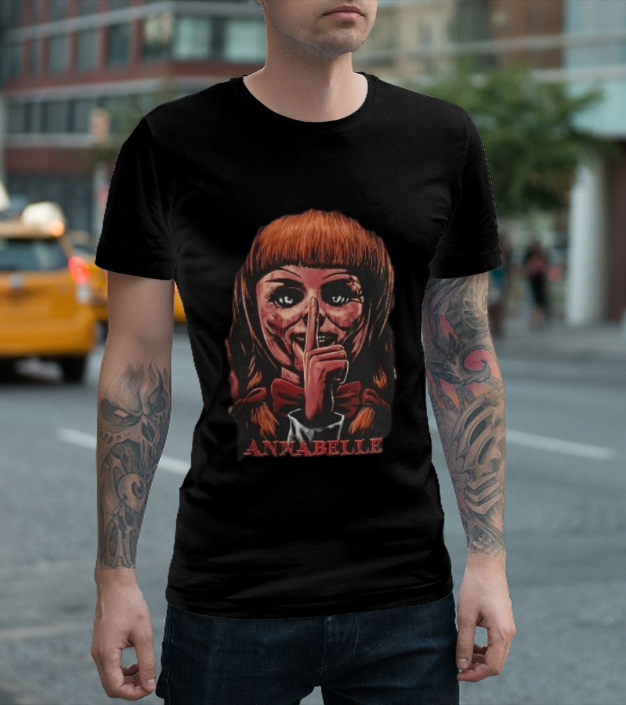 Annabelle Horror Doll Shushing Finger Red Bow Tie Eerie Doll Face T-Shirt