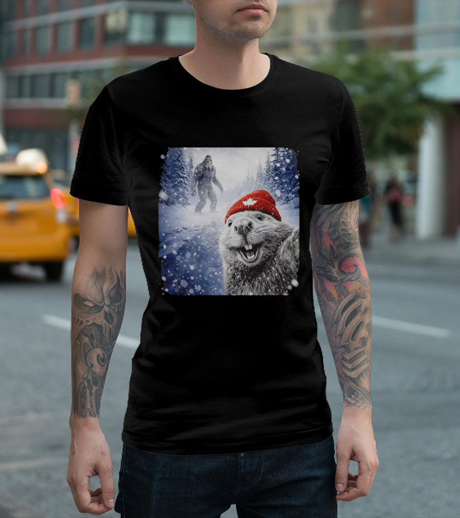 Beaver Selfie With Sasquatch In Snowy Canadian Forest T-Shirt