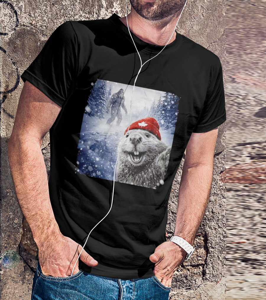 Beaver Selfie With Sasquatch In Snowy Canadian Forest T-Shirt