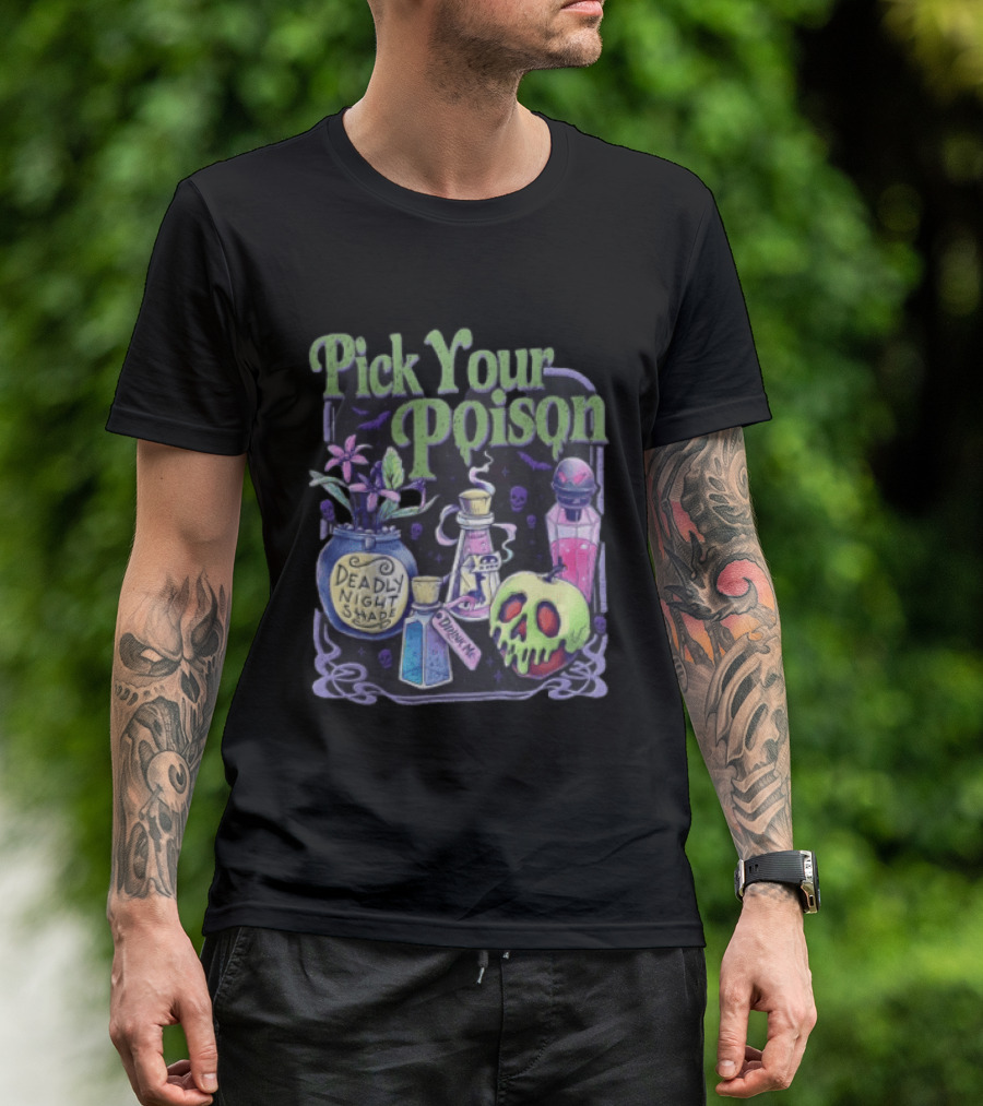 Pick Your Poison Deadly Nightshade Toxic Skull Potion Bottles T-Shirt