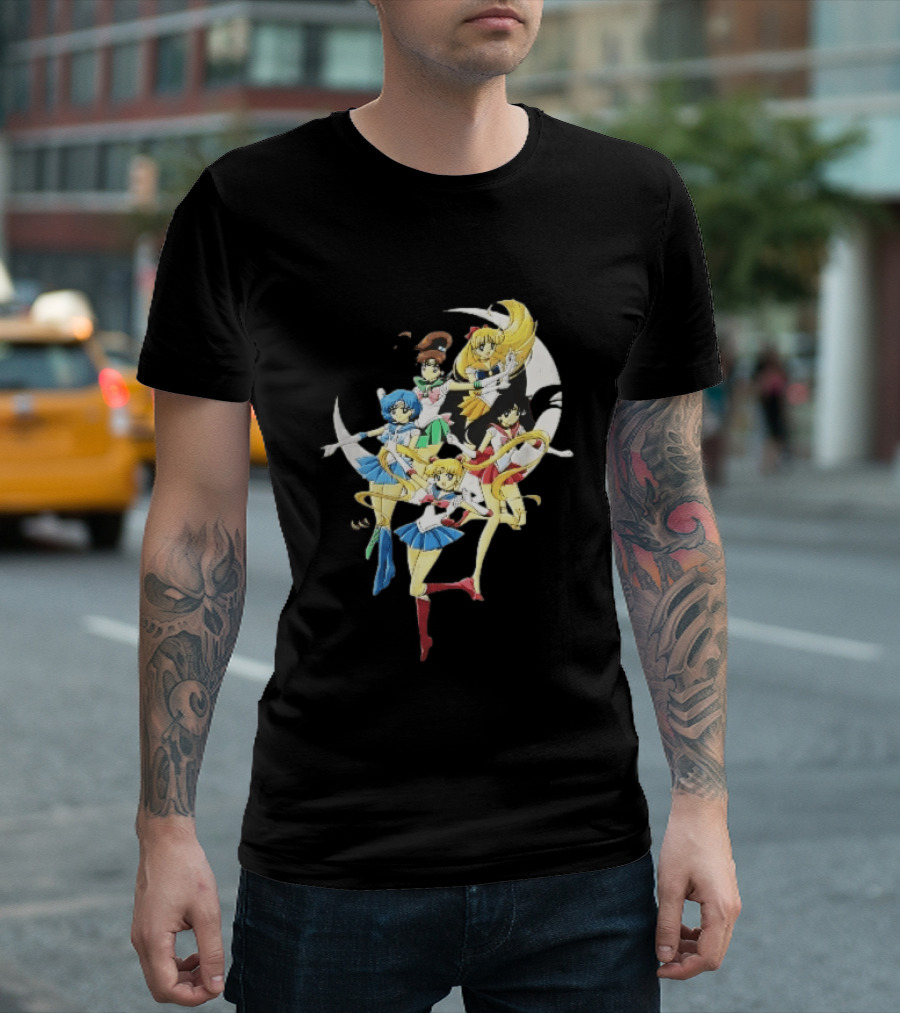 Sailor Moon Crescent Five Guardians Distressed Cartoon T-Shirt