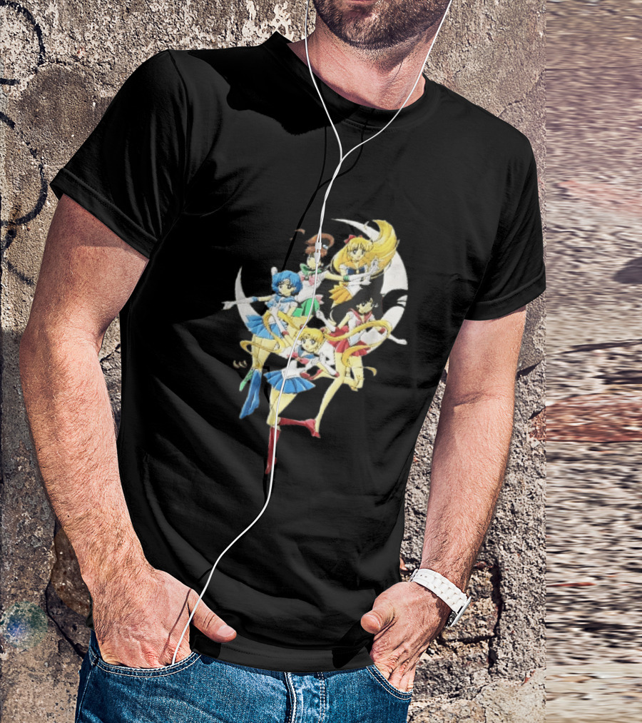 Sailor Moon Crescent Five Guardians Distressed Cartoon T-Shirt